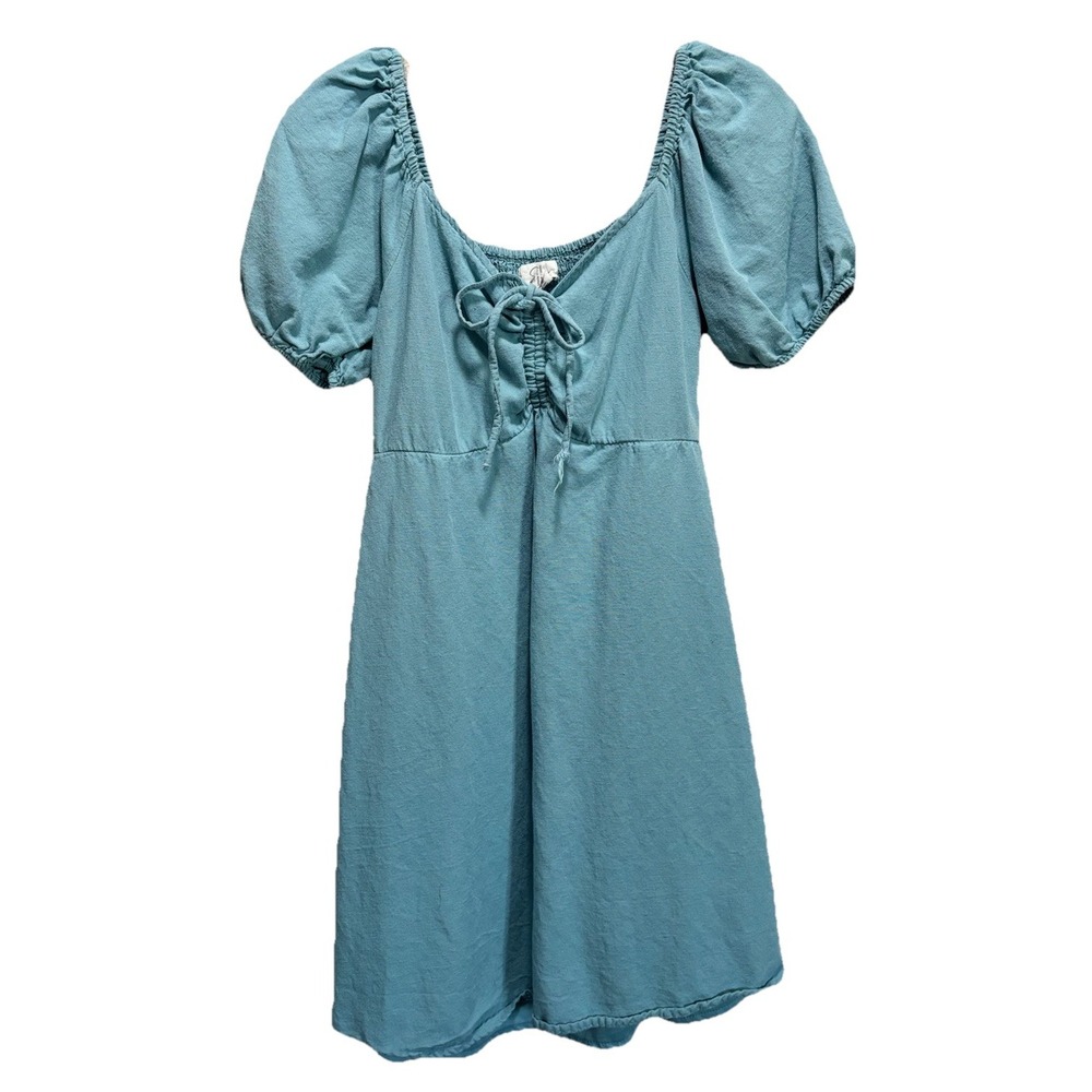 Jopna Blue Midi Short Puff Sleeves Dress Size M Smocked Back Tieβ Front Lined
